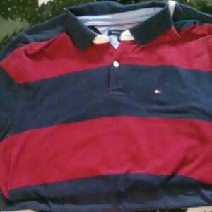 Tommy Hilfiger Red and Navy Striped Polo Shirt